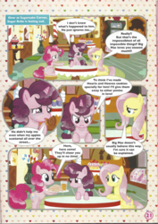 Size: 826x1169 | Tagged: safe, fluttershy, pinkie pie, sugar belle, earth pony, pegasus, pony, g4, the break up breakdown, bipedal, comic, cookie, crying, female, food, implied sugarmac, magazine scan, mare, sugarcube corner