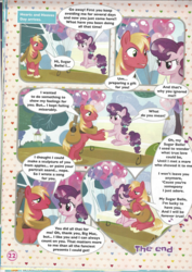 Size: 826x1169 | Tagged: safe, big macintosh, sugar belle, earth pony, pony, unicorn, g4, balloon, bench, comic, female, guitar, magazine scan, male, mare, ship:sugarmac, shipping, singing, stallion, straight