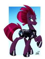 Size: 1080x1440 | Tagged: safe, artist:shelltoon, tempest shadow, pony, unicorn, g4, my little pony: the movie, armor, broken horn, female, horn, mohawk, shiny, simple background, solo