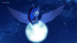 Size: 2981x1677 | Tagged: safe, artist:loveslove, princess luna, alicorn, pony, g4, 3d, female, glowing, large wings, looking at you, mare, moon, night, sky, smiling, smirk, solo, spread wings, stars, tangible heavenly object, wings