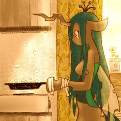 Size: 1929x1929 | Tagged: safe, artist:sigpi, queen chrysalis, changeling, changeling queen, anthro, g4, arm hooves, bandage, breasts, cooking, crown, crying, curtains, female, flower, frying pan, heart, jewelry, regalia, solo