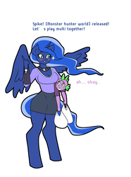 Size: 1850x2480 | Tagged: safe, artist:franschesco, princess luna, spike, alicorn, dragon, anthro, unguligrade anthro, gamer luna, g4, age difference, breasts, busty princess luna, cleavage, clothes, cute, dialogue, duo, duo male and female, female, holding a dragon, holding a spike, lunabetes, male, ship:spiluna, shipping, shirt, skirt, spikabetes, straight