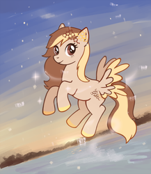 Size: 755x871 | Tagged: safe, artist:qarrie, oc, oc only, pegasus, pony, butt wings, female, flying, solo, sunset, water, ych result