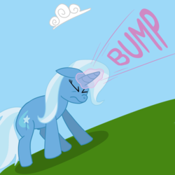 Size: 1280x1280 | Tagged: safe, artist:solarfm, trixie, pony, unicorn, g4, blue background, bump, cloud, eyes closed, female, floppy ears, frown, glowing horn, horn, magic, mare, reaction image, simple background, sky, solo, text, wat