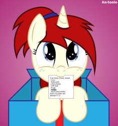 Size: 4709x5000 | Tagged: safe, artist:an-tonio, oc, oc only, oc:silver draw, pony, absurd resolution, box, cute, daaaaaaaaaaaw, freckles, gradient background, happy, heart eyes, looking at you, mouth hold, ocbetes, pony in a box, present, solo, vector, wingding eyes