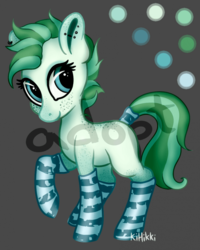 Size: 700x875 | Tagged: safe, artist:kihikki, oc, oc only, oc:minted pearl, pony, adoptable, clothes, ear piercing, freckles, piercing, raised hoof, socks, solo, stockings, striped socks, thigh highs, ych result