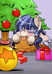 Size: 2480x3507 | Tagged: safe, artist:apolo18, oc, oc only, pegasus, pony, :p, ball, bauble, box, christmas, christmas tree, ear piercing, high res, holiday, pegasus oc, piercing, pony in a box, present, solo, tongue out, tree, wings, ych result