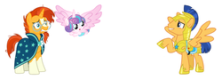 Size: 909x329 | Tagged: safe, flash sentry, princess flurry heart, sunburst, alicorn, pegasus, pony, unicorn, g4, armor, crystal heart trio, cute, flurrybetes, imminent crash, incoming, male, oh crap, raised hoof, simple background, stallion, this will end in laughs, this will end in pain, uh oh, uncle flash, uncle sunburst, white background