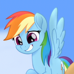 Size: 280x280 | Tagged: safe, screencap, rainbow dash, pegasus, pony, g4, my little pony: the movie, awkward smile, cropped, female, flying, mare, smiling, solo, spread wings, wings