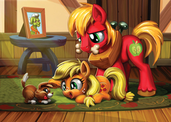 Size: 1200x857 | Tagged: safe, artist:harwick, applejack, big macintosh, granny smith, winona, dog, earth pony, pony, g4, bone, colt, colt big macintosh, cottagecore, cute, female, filly, filly applejack, foal, freckles, jackabetes, male, mouth hold, open mouth, picture, puppy, weapons-grade cute, younger