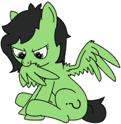 Size: 837x856 | Tagged: safe, artist:greenwood, oc, oc only, oc:filly anon, pegasus, pony, female, filly, preening, simple background, sitting, smiling, solo, transparent background