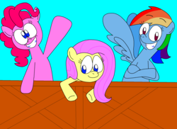 Size: 1800x1309 | Tagged: safe, fluttershy, pinkie pie, rainbow dash, g4, cartoony, fence