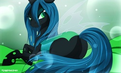 Size: 1300x783 | Tagged: safe, artist:lilapudelpony, queen chrysalis, changeling, g4, antagonist, armor, bedroom eyes, bugbutt, butt, chrysalass, featureless crotch, female, looking at you, looking back, looking back at you, plot, smiling, smirk, solo, wallpaper, wings