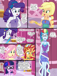 Size: 768x1024 | Tagged: safe, artist:ilaria122, applejack, fluttershy, rainbow dash, rarity, sci-twi, sunset shimmer, twilight sparkle, comic:a mysterious rival, equestria girls, g4, alternate hairstyle, broken english, geode of empathy, geode of fauna, geode of shielding, geode of super speed, geode of super strength, geode of telekinesis, implied shipping, implied soarin', implied soarindash, implied straight, magical geodes, rainbow dash always dresses in style