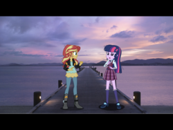 Size: 2048x1536 | Tagged: safe, artist:anhel032015, sci-twi, sunset shimmer, twilight sparkle, equestria girls, g4, base used, clothes, cloud, cloudy, crying, crystal prep academy uniform, equestria girls in real life, female, irl, lesbian, looking at each other, mountain, mountain range, ocean, photo, pier, sad, school uniform, ship:sci-twishimmer, ship:sunsetsparkle, shipping, sunset