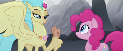 Size: 1920x804 | Tagged: safe, screencap, pinkie pie, princess skystar, classical hippogriff, earth pony, hippogriff, pony, g4, my little pony: the movie, duo, female, lidded eyes, raised claw, seashell necklace, smiling, this will end in grounding