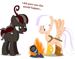 Size: 2236x1748 | Tagged: safe, artist:zacatron94, oc, oc only, oc:squeaky pitch, oc:sweep star, earth pony, pegasus, pony, camera, female, fire, mare, simple background, transparent background, vector