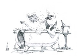 Size: 1400x1032 | Tagged: safe, artist:baron engel, rarity, pony, g4, alcohol, bath, bathing, bathtub, book, candle, claw foot bathtub, drinking, female, glass, glowing horn, grayscale, horn, magic, monochrome, nudity, pencil drawing, reading, relaxing, simple background, sketch, solo, telekinesis, traditional art, white background, wine, wine glass