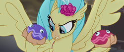 Size: 1920x804 | Tagged: safe, screencap, princess skystar, shelldon, shelly, classical hippogriff, hippogriff, g4, my little pony: the movie, beak, clam shell, clams, feathered ears, flower, freckles, googly eyes, oyster, seashell, shell, smiling, smirk, talons, wings