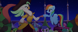 Size: 1920x804 | Tagged: safe, screencap, boyle, captain celaeno, rainbow dash, squabble, parrot, parrot pirates, pegasus, pony, anthro, g4, my little pony: the movie, official, anthro with ponies, feather, fist bump, hat, hoofbump, pirate, rainbow (song), song