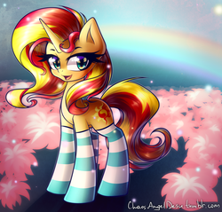 Size: 1250x1195 | Tagged: safe, artist:chaosangeldesu, sunset shimmer, pony, unicorn, g4, clothes, female, flower, rainbow, smiling, socks, solo, stars, striped socks, sun