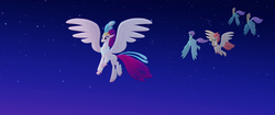 Size: 1920x804 | Tagged: safe, screencap, haven bay, queen novo, salina blue, stratus skyranger, classical hippogriff, hippogriff, g4, my little pony: the movie, feathered fetlocks, flying, rainbow (song)