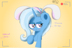 Size: 3663x2460 | Tagged: safe, artist:bronybehindthedoor, trixie, pony, unicorn, g4, blushing, bunny ears, camera shot, dialogue, embarrassed, frown, high res, implied starlight glimmer, offscreen character, pun, raised hoof, silly, silly pony, silly rabbit