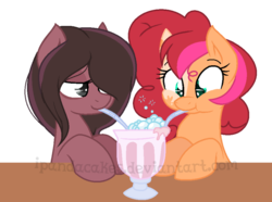 Size: 885x657 | Tagged: safe, artist:ipandacakes, oc, oc only, oc:chimi cherry cheesecake, oc:humor mimi pie, earth pony, pony, base used, female, mare, milkshake, offspring, parent:cheese sandwich, parent:pinkie pie, parents:cheesepie, sharing a drink, simple background, sisters, straw, transparent background