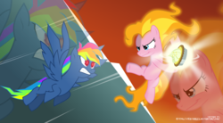 Size: 6705x3694 | Tagged: safe, artist:jhayarr23, pinkie pie, rainbow dash, pegasus, pony, ponyta, g4, secrets and pies, dragon ball, dragon ball z, epic fight, evil pie hater dash, female, fight, fire, food, kamehameha, lemon meringue pie, mane of fire, mare, pie, show accurate, vector, wallpaper, zoom layer