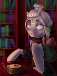 Size: 1024x1365 | Tagged: dead source, safe, artist:freckleplant, oc, oc only, pegasus, pony, bag, blind, book, bookshelf, clothes, cup, female, food, hair bun, mare, scar, smiling, solo, tea, teacup