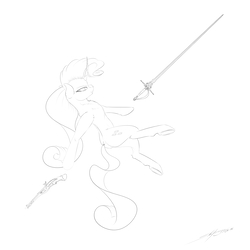 Size: 3000x3000 | Tagged: safe, artist:skitsroom, rarity, pony, unicorn, g4, female, gun, high res, mare, monochrome, simple background, sketch, solo, sword, weapon, white background