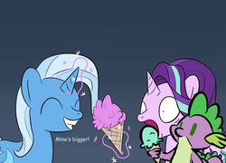 Size: 1780x1280 | Tagged: safe, artist:phat_guy, edit, spike, starlight glimmer, trixie, dragon, pony, unicorn, g4, cute, dialogue, english, eyes closed, female, food, glowing horn, gradient background, hocus pocus (spongebob episode), horn, ice cream, ice cream spike, jaw drop, levitation, lol, magic, male, mare, open mouth, pistachio (ice cream), shocked, smiling, spongebob squarepants, telekinesis, the amazing trio of friendship, trio, wat, when you see it, wide eyes