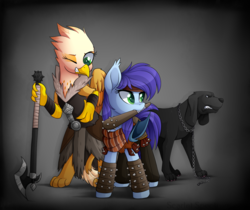 Size: 1024x862 | Tagged: safe, artist:scarlet-spectrum, oc, oc only, oc:blue bat, oc:ember burd, dog, griffon, pony, axe, battle axe, chains, clothes, club (weapon), commission, griffon oc, mouth hold, spiked club, spikes, weapon