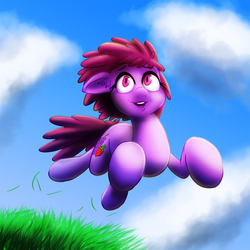Size: 1200x1200 | Tagged: safe, artist:ikarooz, berry punch, berryshine, earth pony, pony, g4, cloud, female, grass, mare, sky, smiling, solo