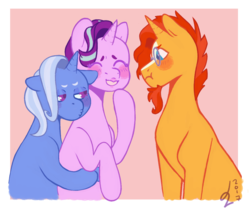 Size: 1330x1116 | Tagged: safe, artist:johnathan-leviathan, starlight glimmer, sunburst, trixie, pony, unicorn, g4, :t, blushing, eyes closed, female, floppy ears, kissy face, lesbian, lidded eyes, pouting, ship:startrix, shipping, smiling