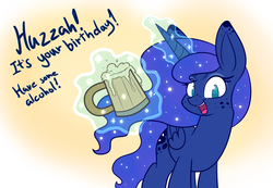 Size: 1300x900 | Tagged: safe, artist:heir-of-rick, princess luna, alicorn, pony, g4, alcohol, cider, female, freckles, glowing horn, horn, looking at you, magic, mug, smiling, solo, tankard