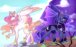 Size: 1024x644 | Tagged: dead source, safe, artist:slushshe, princess celestia, princess luna, alicorn, pony, g4, bat wings, cloud, curved horn, day, female, horn, jewelry, looking at you, mare, moon, night, raised hoof, royal sisters, sky, stars, tiara, wings