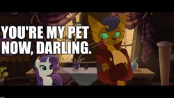 Size: 1920x1080 | Tagged: safe, edit, edited screencap, screencap, capper dapperpaws, rarity, abyssinian, pony, anthro, g4, my little pony: the movie, anthro with ponies, bedroom eyes, caption, chest fluff, clothes, darling, image macro, imminent sex, implied femdom, lidded eyes, meme, pet, rarity's bad pickup lines, seductive, seductive look, sexy, stupid sexy rarity