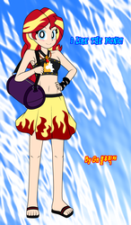 Size: 745x1280 | Tagged: safe, artist:bluepicture070881, sunset shimmer, equestria girls, equestria girls specials, g4, my little pony equestria girls: better together, my little pony equestria girls: forgotten friendship, armpits, beach, belly button, blushing, clothes, cute, fiery shimmer, human coloration, midriff, moe, sandals, shimmerbetes, skirt, top