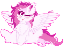 Size: 1024x759 | Tagged: safe, artist:vanillaswirl6, oc, oc only, oc:comfy dove, pegasus, pony, :3, :p, :t, blushing, chest fluff, colored pupils, commission, ear fluff, female, fluffy, hoof fluff, mare, one eye closed, silly, simple background, sitting, solo, tongue out, transparent background, underhoof, wink