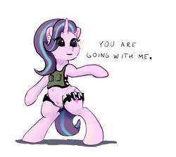 Size: 1200x1072 | Tagged: safe, artist:xbi, starlight glimmer, pony, unicorn, g4, belly button, bipedal, bulletproof vest, clothes, dialogue, ear fluff, female, mare, pubic fluff, simple background, solo, standing, white background