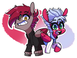 Size: 1930x1435 | Tagged: safe, artist:sourspot, oc, oc only, oc:melon frost, oc:velvet quill, hippogriff, pegasus, pony, clothes, cute, ear piercing, earring, female, freckles, hoodie, icon, jacket, jewelry, male, mare, piercing, smiling, stallion, varsity jacket