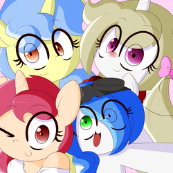Size: 3500x3500 | Tagged: safe, artist:fullmetalpikmin, oc, oc only, oc:cherry blossom, oc:mal, oc:poppy seed, oc:viewing pleasure, earth pony, pony, unicorn, tumblr:ask viewing pleasure, bow, cute, female, goggles, group photo, hair bow, happy, high res, mare, one eye closed, wink
