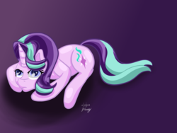 Size: 1600x1200 | Tagged: safe, artist:bleuey, starlight glimmer, pony, unicorn, g4, female, frown, gradient background, lying down, mare, signature, solo