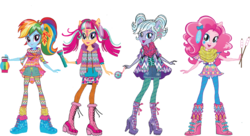 Size: 1399x762 | Tagged: safe, pinkie pie, rainbow dash, sour sweet, sugarcoat, equestria girls, g4, my little pony equestria girls: legend of everfree, boots, clothes, compass, concept art, food, geometric, high heel boots, lantern, marshmallow, pigtails, scarf, shoes, simple background, transparent background, what could have been