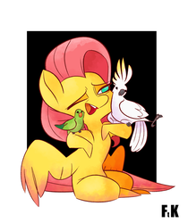 Size: 1280x1523 | Tagged: safe, artist:fluttershythekind, fluttershy, bird, cockatoo, parrot, pegasus, pony, g4, cute, female, mare, no pupils, nuzzling, perching, sitting, solo, spread wings, wings