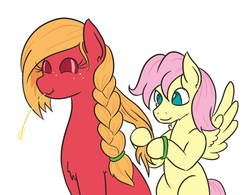 Size: 716x558 | Tagged: safe, artist:jargon scott, big macintosh, fluttershy, earth pony, pegasus, pony, :t, adorascotch, braid, braiding, butterreina, butterscotch, cheek fluff, chest fluff, cute, eyes closed, eyeshadow, female, fluttermac, freckles, hair styling, macabetes, macareina, makeup, male, mare, no pupils, rule 63, rule63betes, shipping, simple background, size difference, smiling, spread wings, stallion, straight, straw, straw in mouth, white background, wings