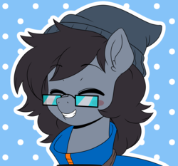 Size: 1500x1400 | Tagged: safe, alternate version, artist:acesrockz, oc, oc only, oc:appy, pony, beanie, blush sticker, blushing, bust, commission, eyes closed, glasses, hat, smiling, solo