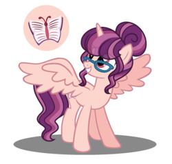Size: 1519x1450 | Tagged: safe, artist:strawberry-spritz, oc, oc only, oc:butterfly effect, alicorn, pony, alicorn oc, alternate universe, base used, cutie mark, female, glasses, hair bun, mare, offspring, parent swap au, parent:night light, parent:posey shy, parents:poseynight, simple background, solo, spread wings, transparent background, transparent mane, wings