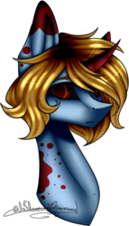 Size: 377x658 | Tagged: safe, artist:ohflaming-rainbow, oc, oc only, oc:maggi, pony, unicorn, black sclera, bust, colored horn, female, horn, mare, portrait, simple background, solo, transparent background